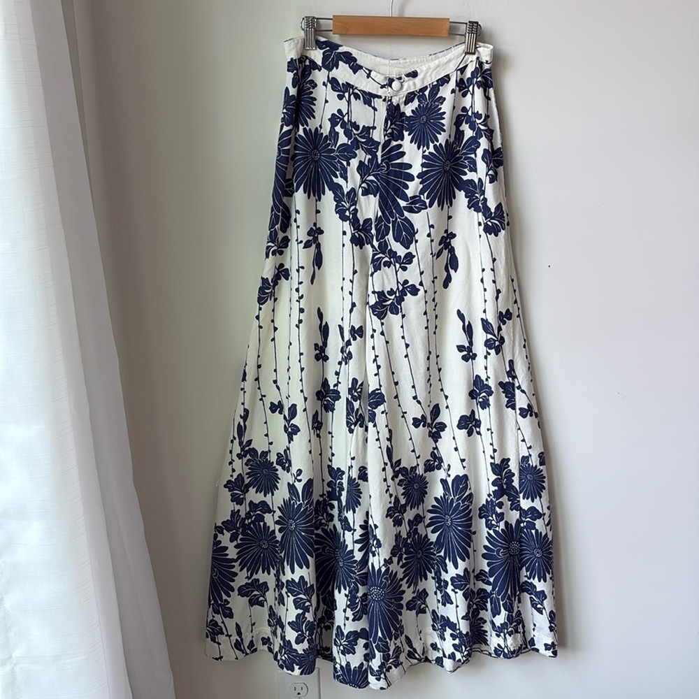 Free People Sundae Stroll Wide Leg Pants Navy Ivory Flowy Beachy Boho Size 2 *